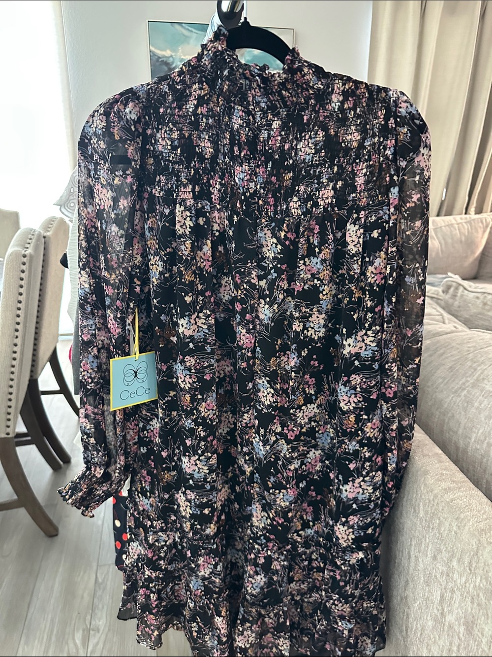 CeCe Black Floral Smocked-Neck Long Sleeve Tunic
